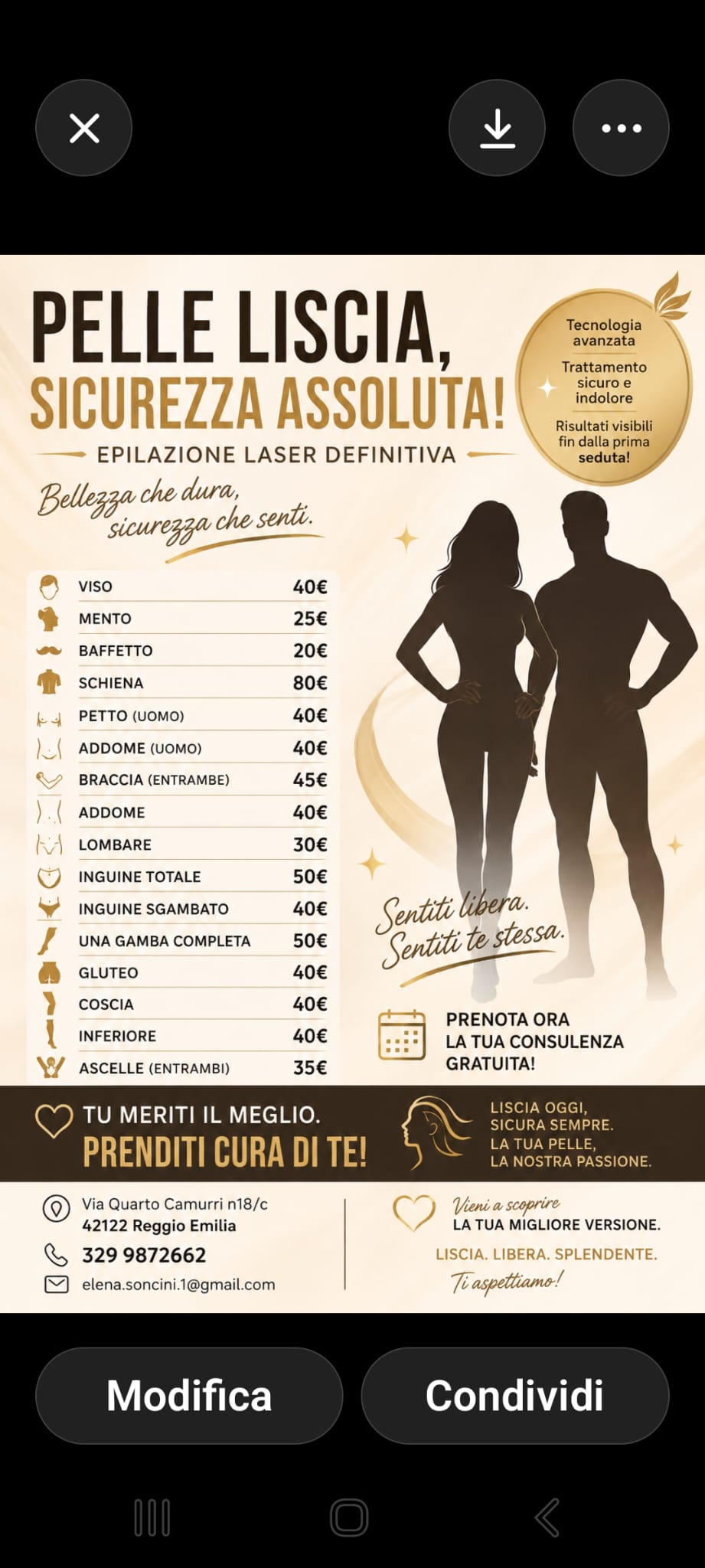 Listino epilazione laser definitiva a Reggio Emilia